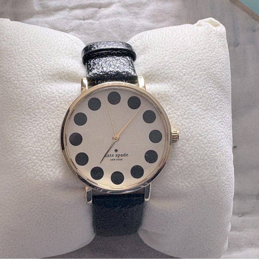 Kate Spade Gramercy Watch Black Leather Band and Polka Dot Hour Markers